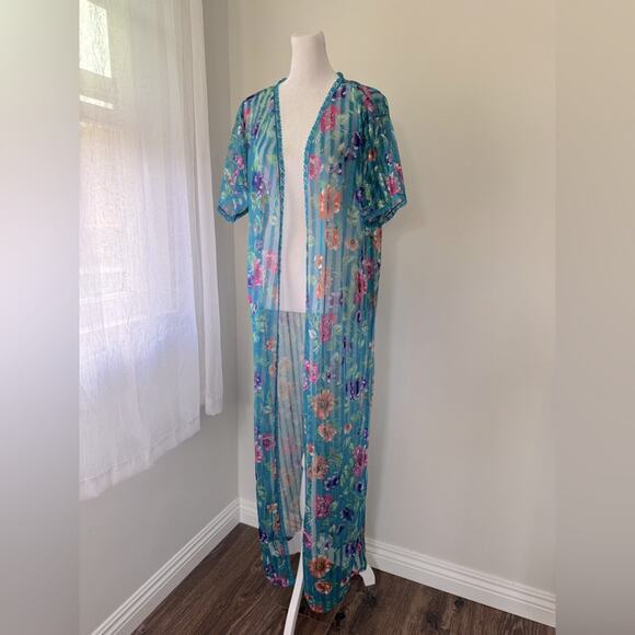 Vintage ‘80s Lady Cameo Dallas Teal Floral Print Sheer Maxi Duster Robe - Picture 2 of 10